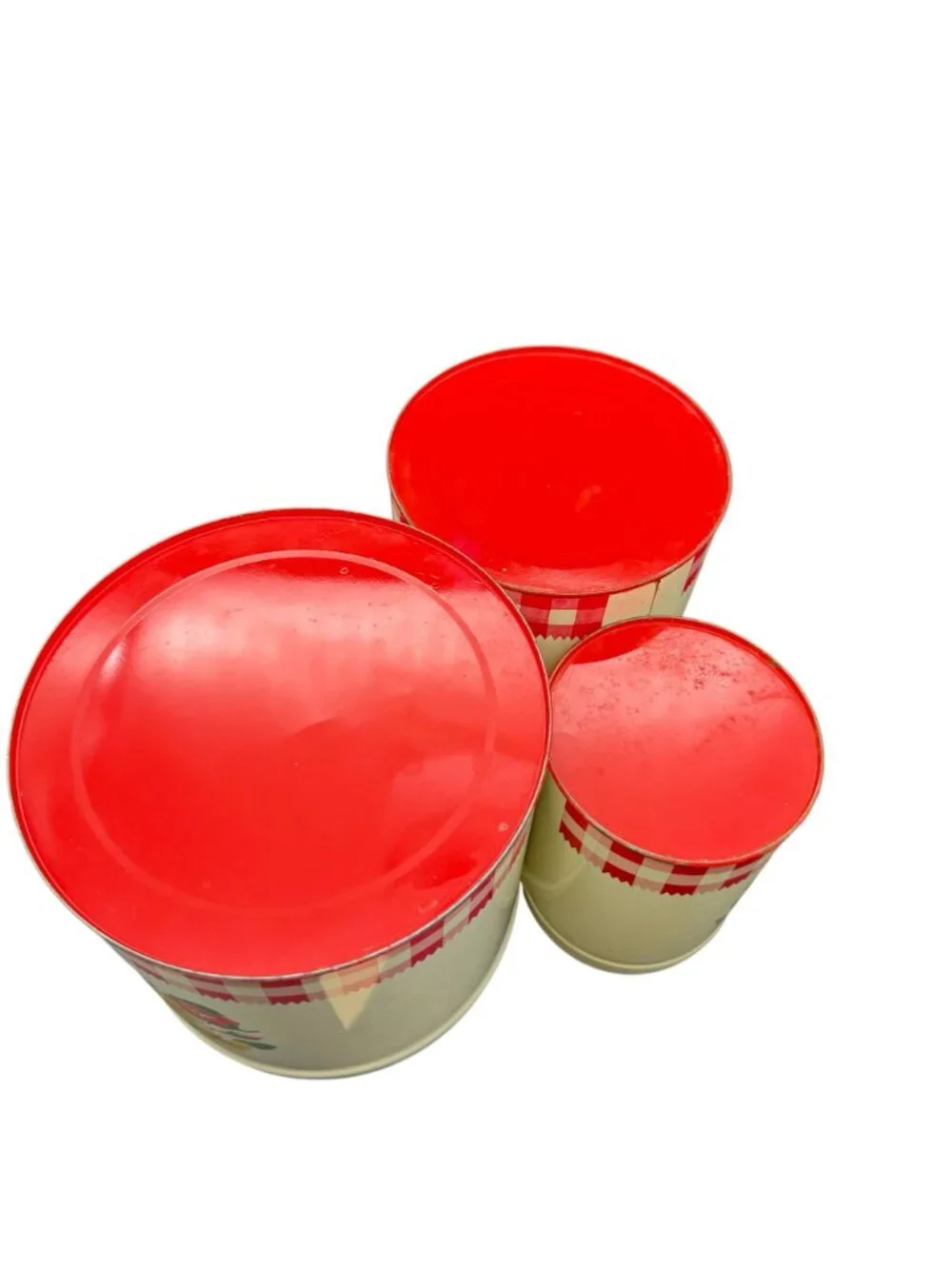 Vtg 40s Gingham Nasturtiums Floral Pattern Red Metal Canisters Nesting Lot 3